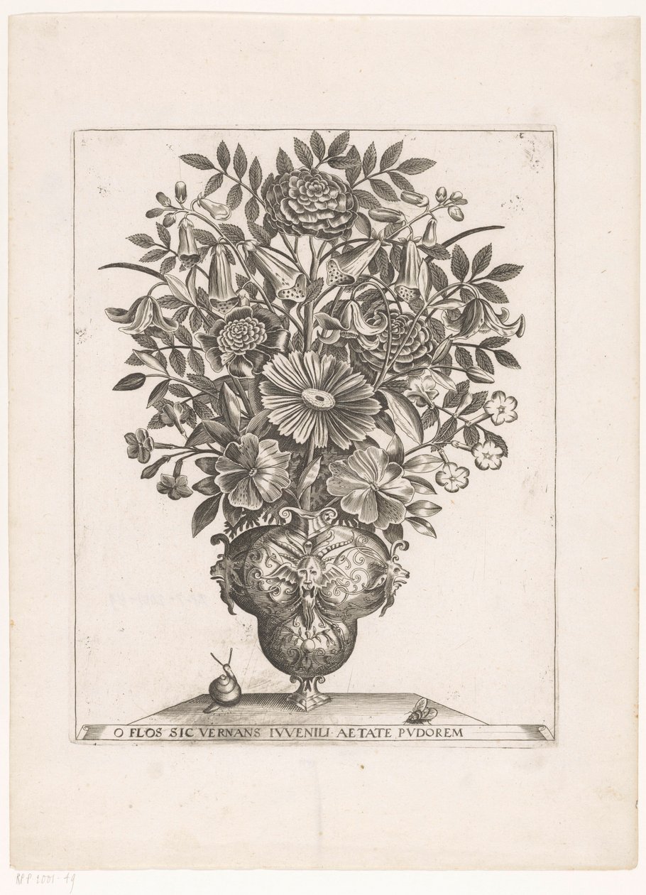 Bloemen in vaas med maskerere O BLOMST, DER VIRKER UNGDOM I SKAMMENS ALDER (titel på objekt) af Anonymous