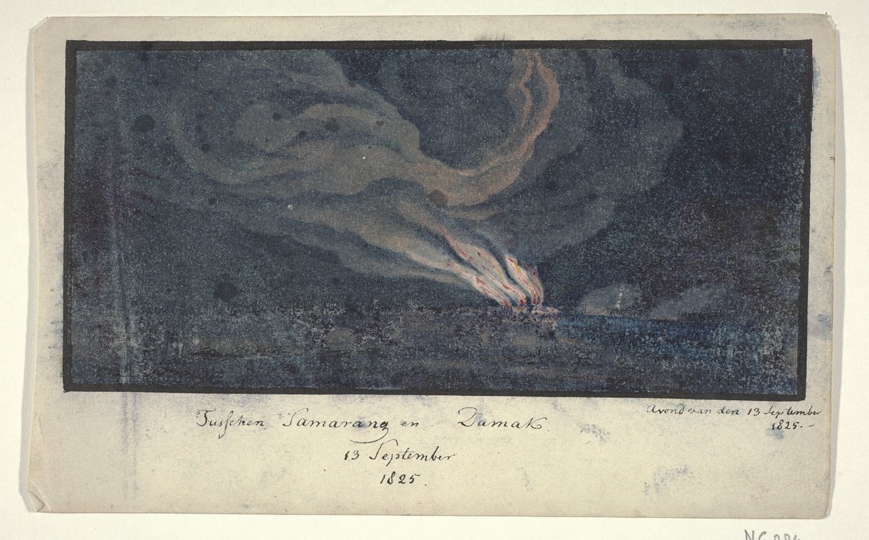 Brand i et landskab i det centrale Java, 1825 Mellem Samarang og Damak / 13. september 1825 (titel på objekt) af Anonymous
