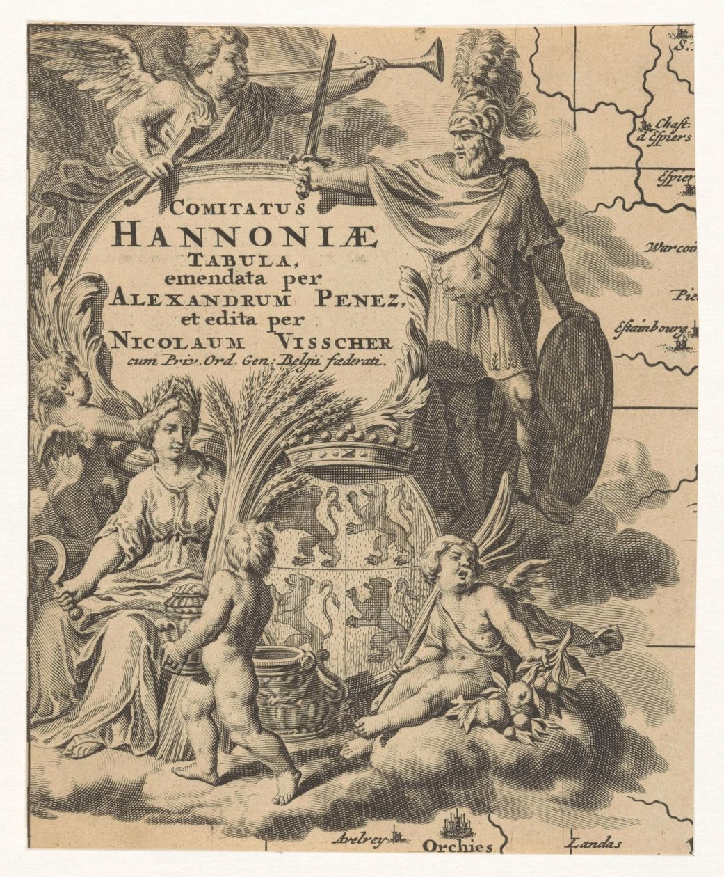 Ceres, putti og våben Henegouwen Hannonia amtskort (titel på objekt) af Anonymous