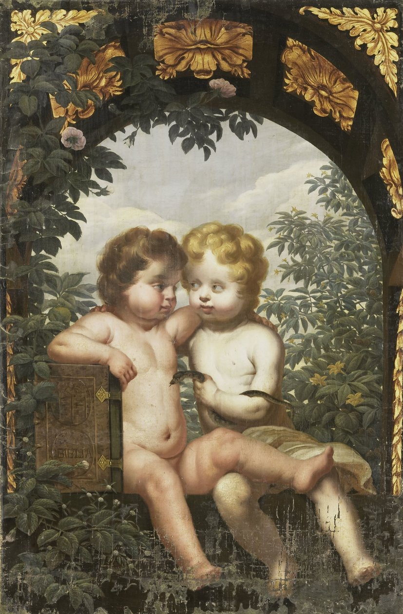 Kristen Allegori med to Børn med Bibel og Slange af Anonymous