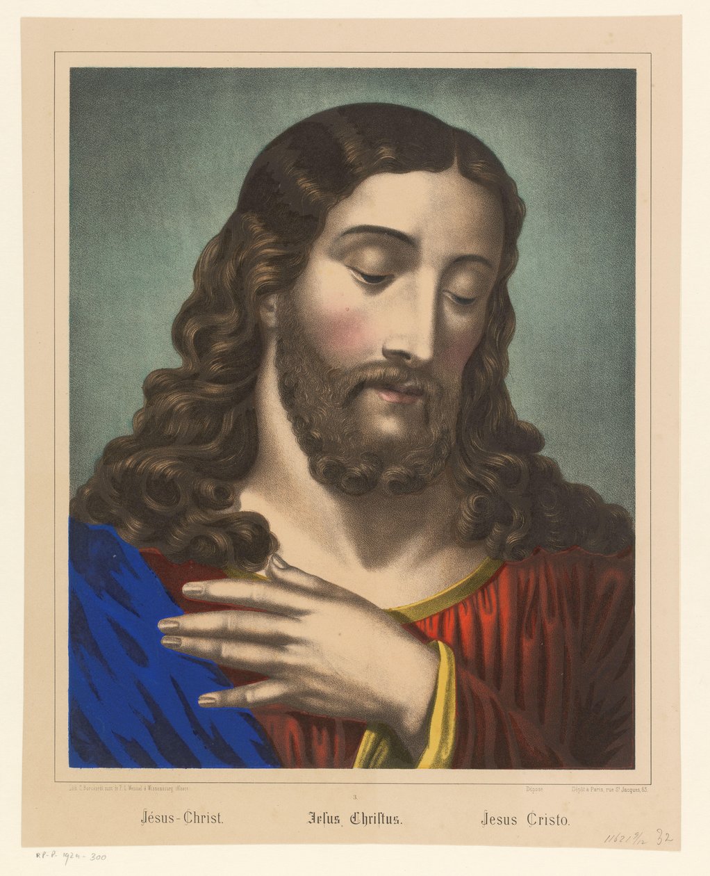Kristus med hånden over brystet Jesus Kristus / Jesus Kristus / Jesus Cristo (titel på objekt) af Anonymous