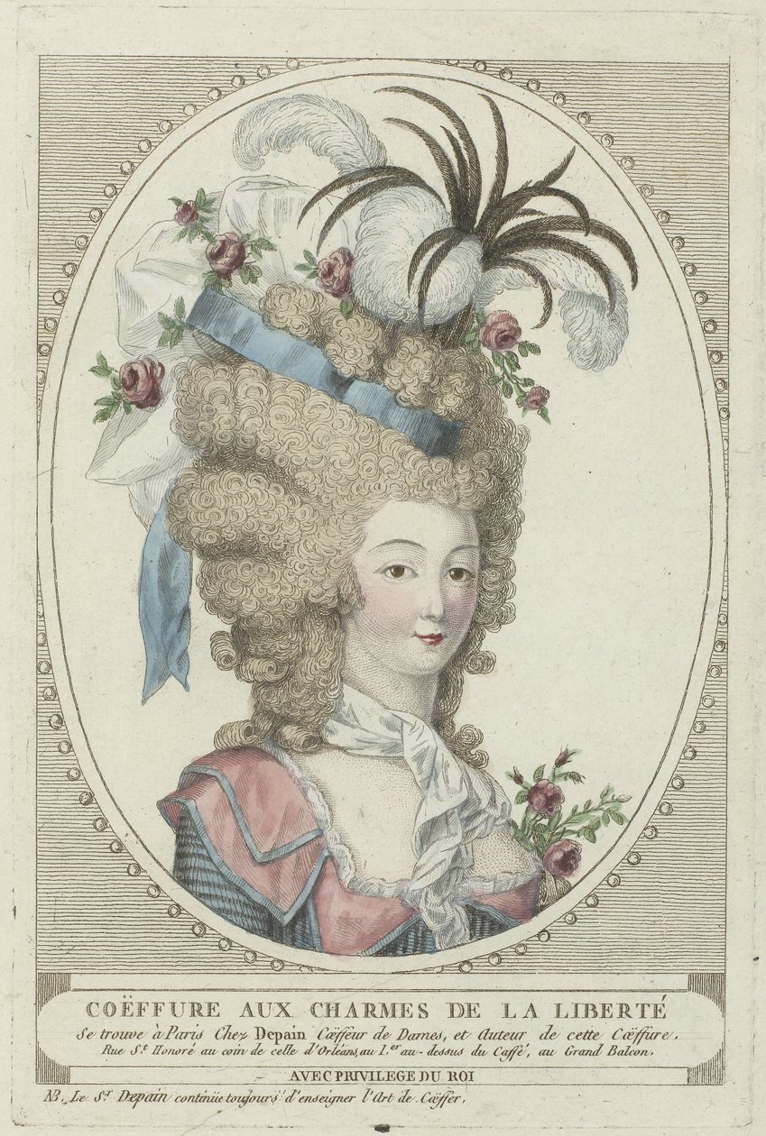 Frisurer, puf, hatte og huer: To frisurer af frisøren Depain Frisurer af Depain, ca. 1790: Coëffure med Frihedens Charms af Anonymous
