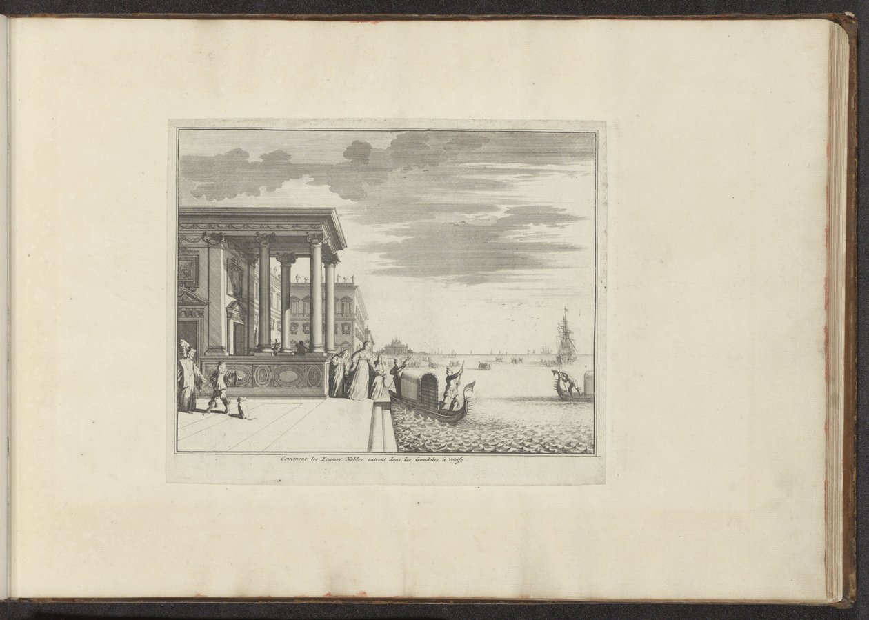 Damer af adel venter på en gondol i Venedig Kommentar les Femmes Nobles entrent dans les Gondoles à Venise (titel på objekt) Paladser og monumenter i Venedig, Livorno, Napoli og Rom (serietitel) af Anonymous