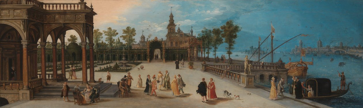 Dansefest på forgården til et imaginært palads med en Capriccio-udsigt over Venedig i det fjerne af Anonymous