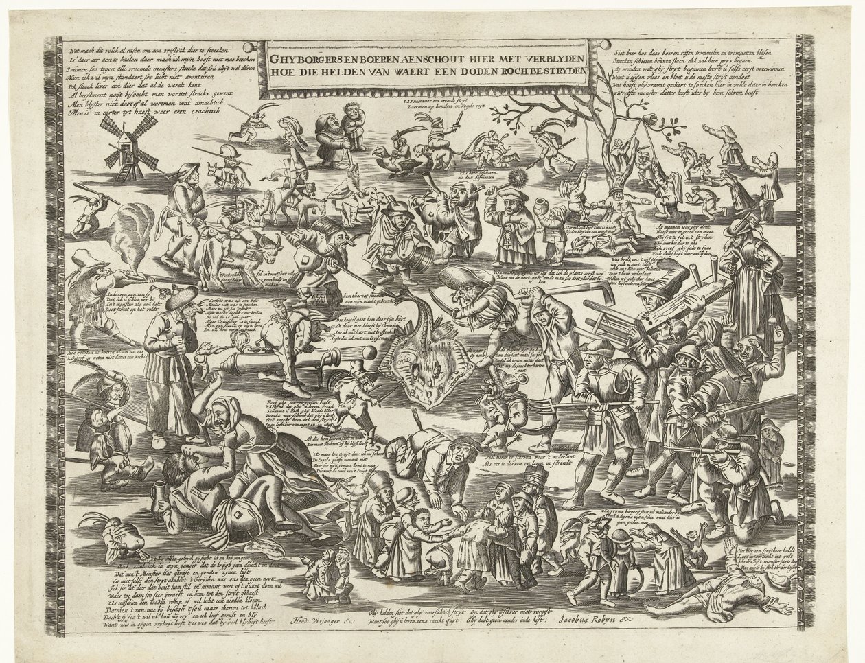 Rogstekerne af Weert, ca. 1650 Ghy borgere og landmænd aenschout her med glæde over, hvordan de helte fra Waert kæmper mod en død roch (titel på objekt) af Anonymous