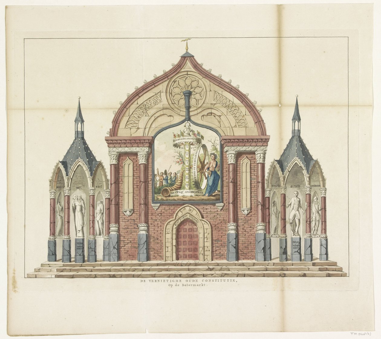 Den gamle grundlovs ødelæggelse, dekoration på smørmarkedet, 1795 Den ødelagte gamle grundlov, på smørmarkedet Femten dekorationer ved Alliantiefeest i Amsterdam i 1795 (serietitel) af Anonymous