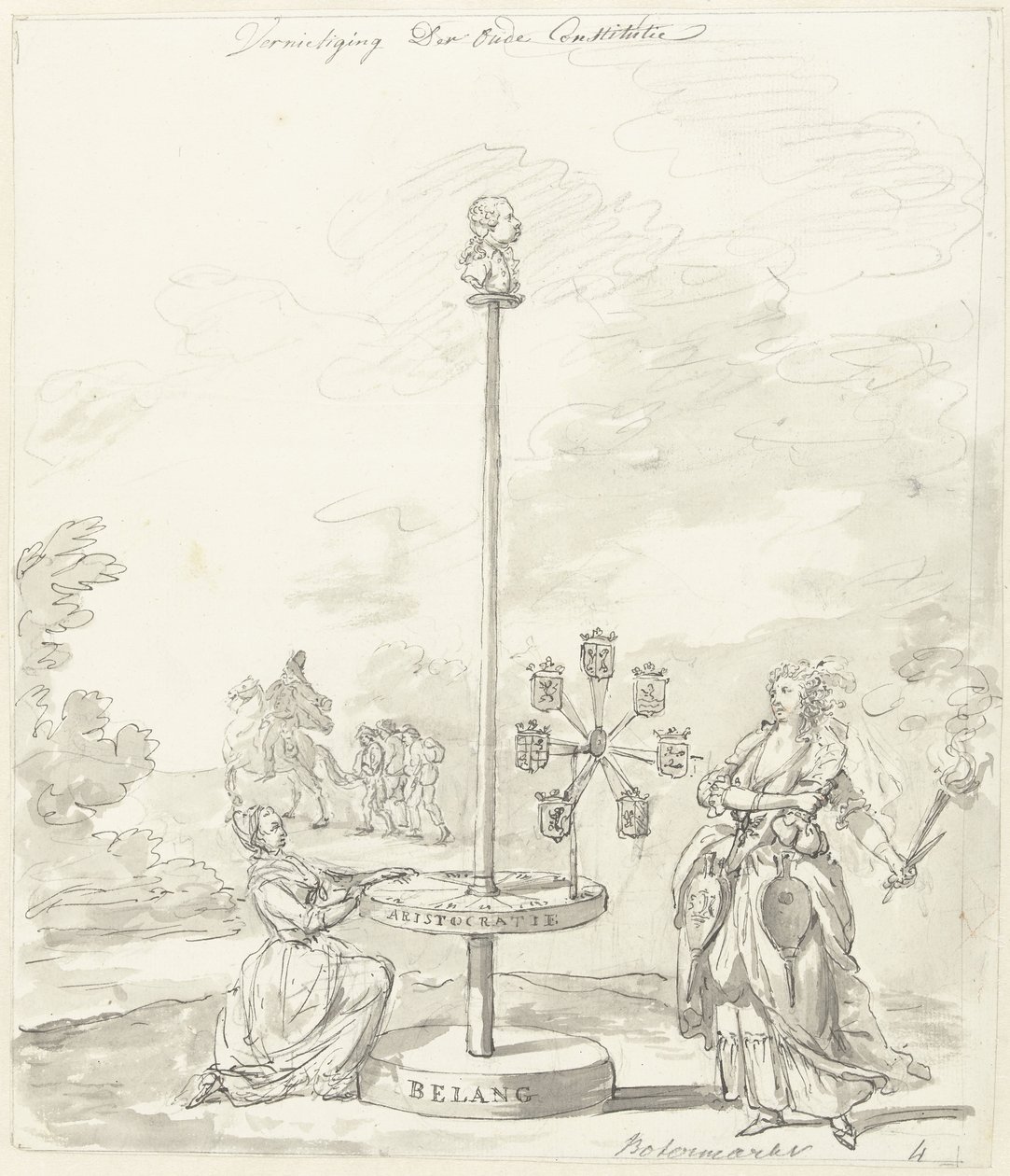 Den gamle grundlovs ødelæggelse, dekoration på smørmarkedet, 1795 Ødelæggelse af den gamle forfatning/smørmarked (titel på objekt) af Anonymous