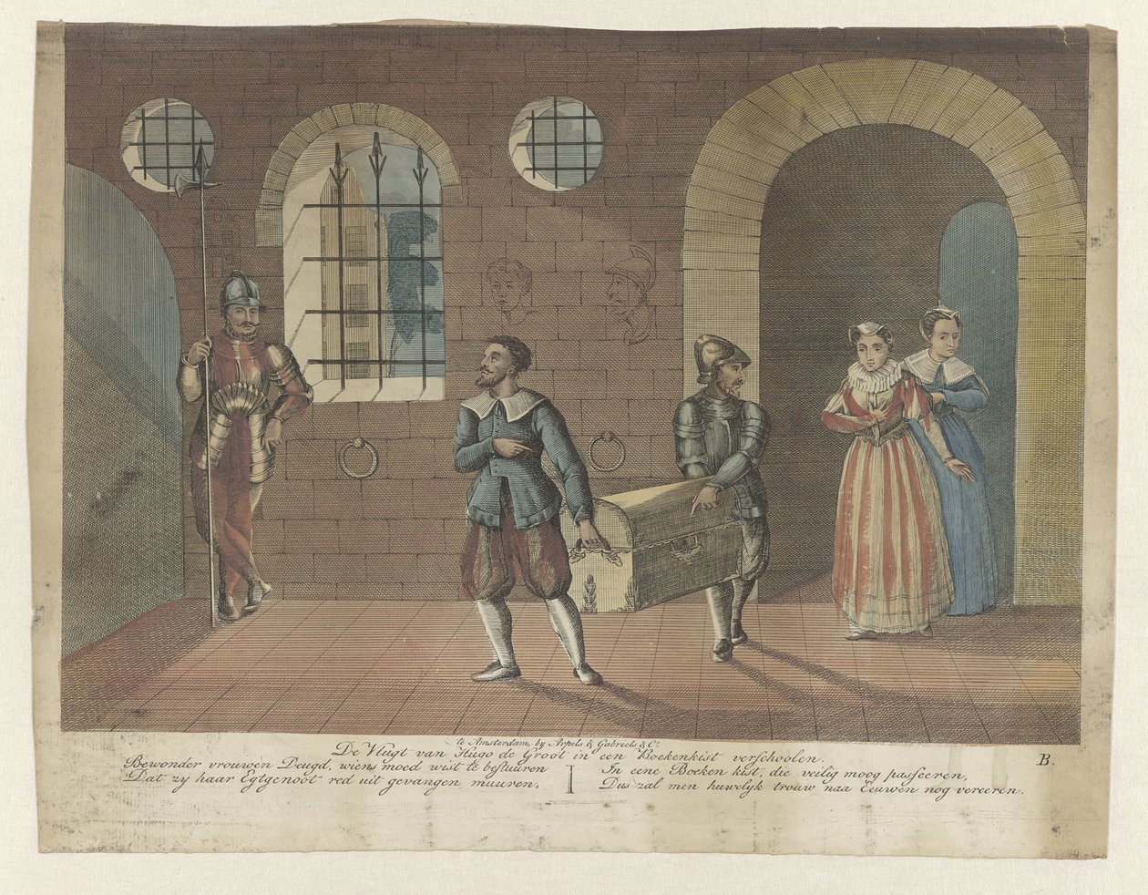 Bogkisten, hvori Hugo de Groot er gemt, bliver båret til robåden i Loevestein Slot, 1621 Hugo de Groots De Vlugt gemmer sig i en reol (titel på objekt) af Anonymous