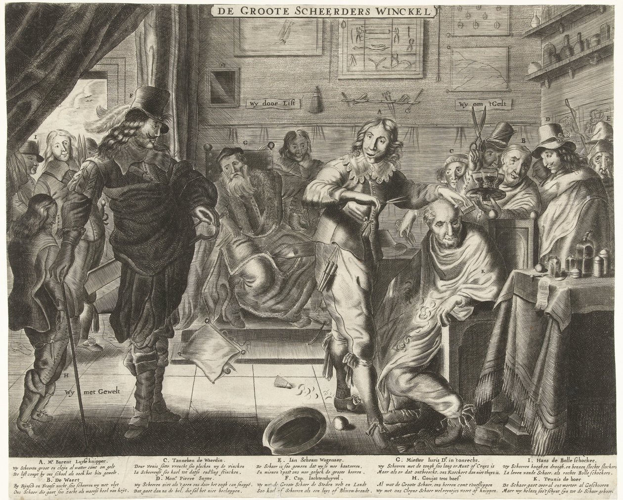 Bonden i den store Frisør, ca. 1650 De Groote Scheerders Winckel (titel på objekt) af Anonymous