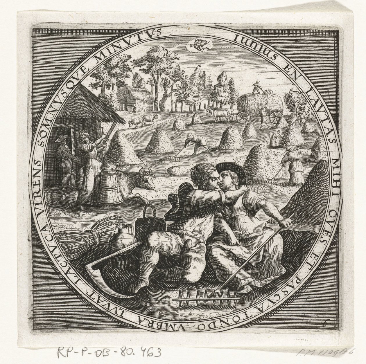 Den måned juni, hooimaken, ca. 1600 De tolv måneder af et år billede i scener fra folkelivet (serietitel) Skemaer for de 12 måneder med deres operationer og deres anvendelse på stjernetegnene, opdelt i fire dele af året (serietitel på objekt) af Anonymous