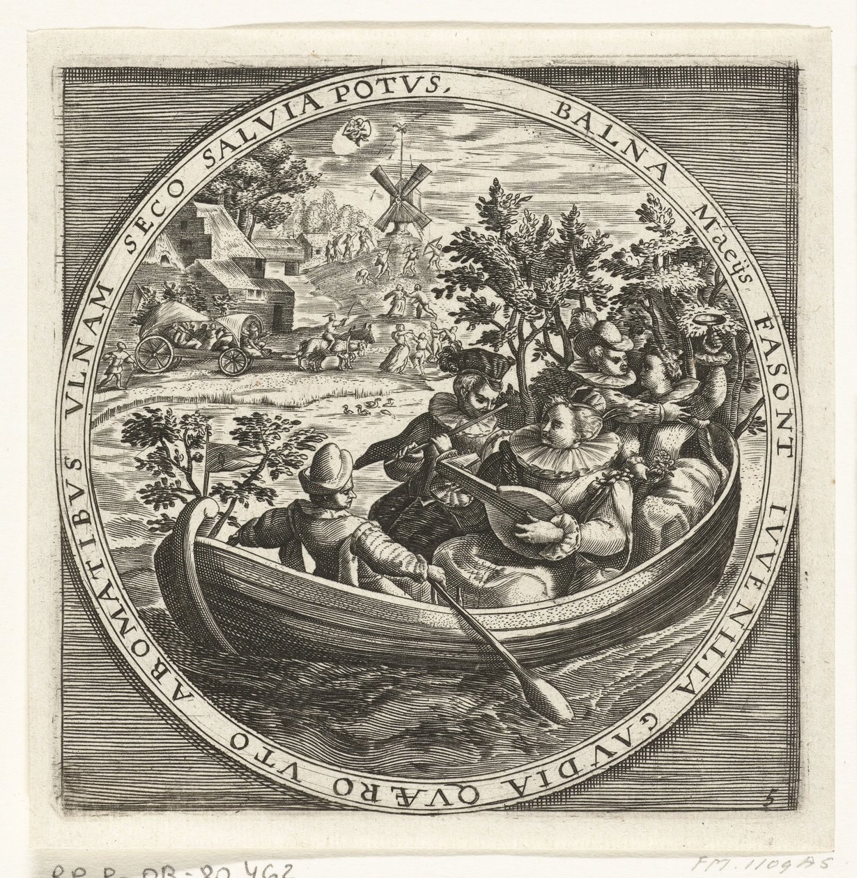 Maj måned, musikskabende selskab i båd, ca. 1600 Årets 12 måneder afbildet i scener fra folkelivet (serietitel) Skema XII Mensium sius operationibus, & ad signa zodiaci applicatione, in quatuor anni partes divisa (series af Anonymous