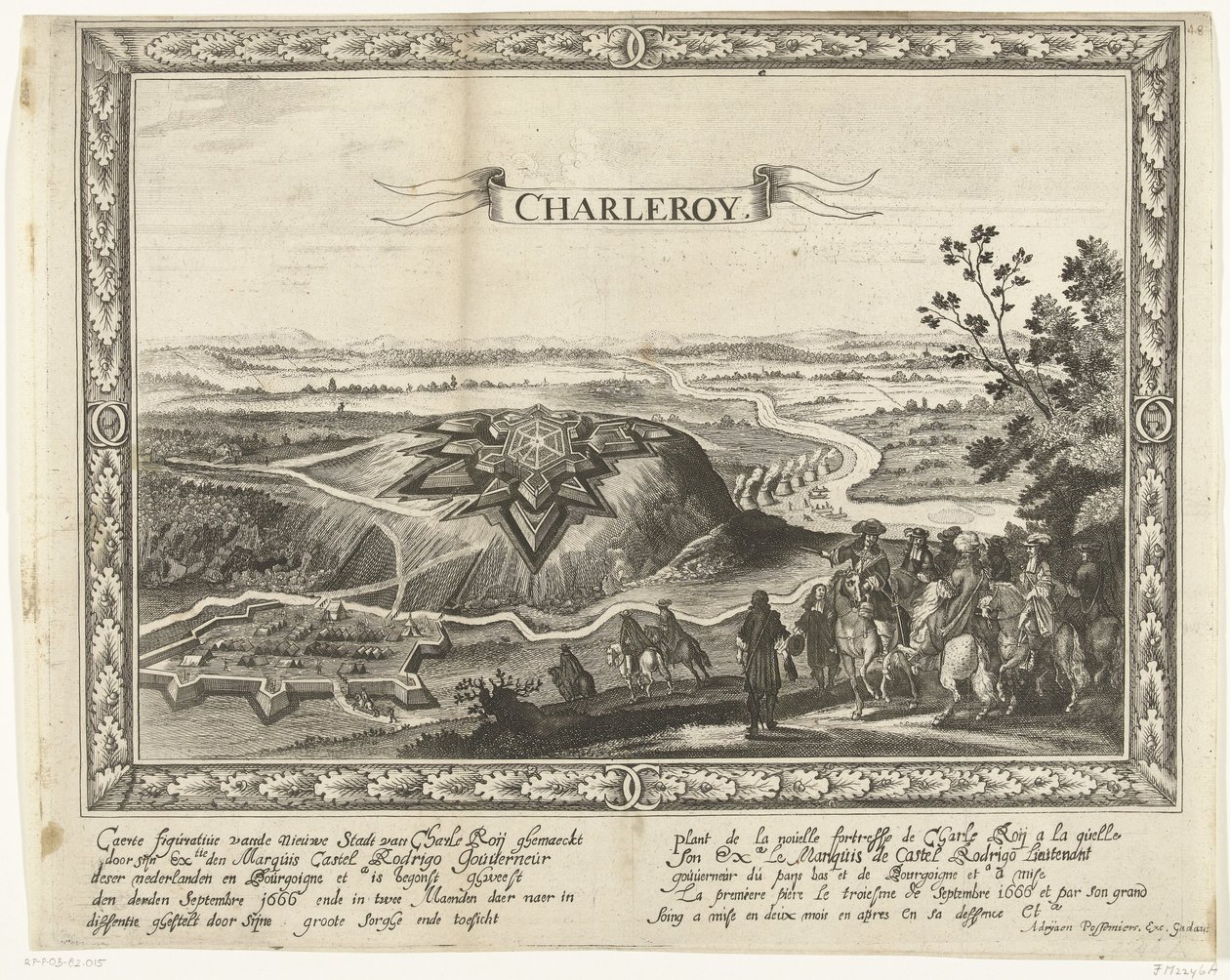 Den nye fæstning i Charleroi, 1666 Caerte figurativ af den nye by af Charle Roij (...) (titel på objekt) Plant de la nouelle fortresse de Charle Roij (...) (titel på objektet) af Anonymous