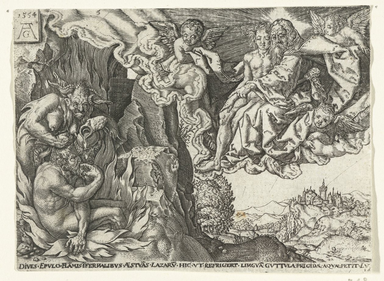 Den rige mand i helvede ser Abraham med Lazarus Lignelse om Lazarus og den rige mand (serietitel) af Anonymous