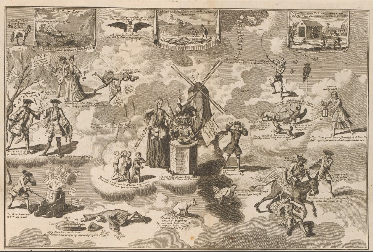 Den besejrede actionist i ringestolen, 1720 Den besejrede aktionist i stolen med Rinkels, overtalt af den Lauwerd-trojanske hest (titel på objekt) The Great Scene of Folly (serietitel) af Anonymous