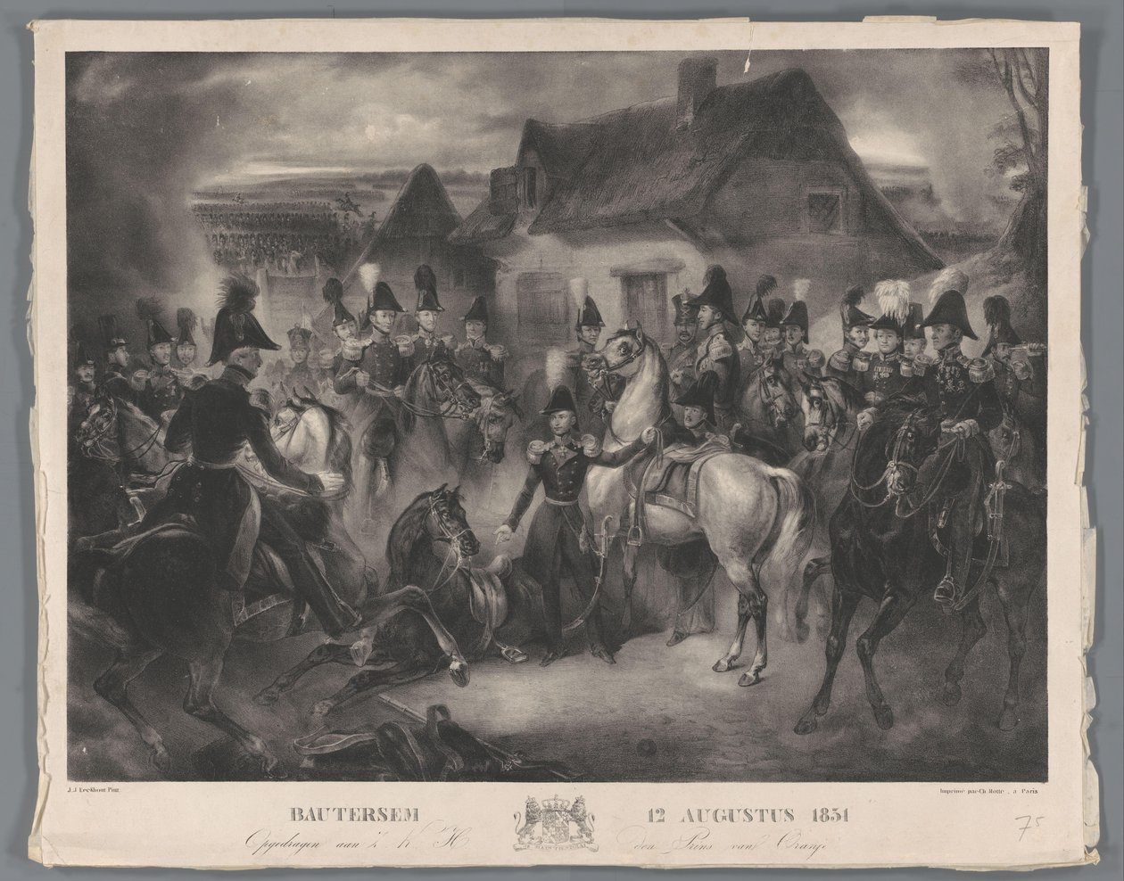 Udskiftningen af ​​den skadede hest af prinsen af ​​Orange (senere kong Vilhelm II) under slaget ved Boutersem, 12. august 1831 Bautersem 12. august 1831 (titel på objekt) af Anonymous