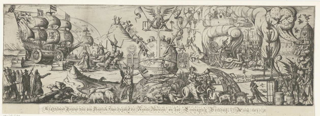 Verden er delt i den fredelige republik på den ene side og kaos og vold påført Romerkirken på den anden side Magteløs Donder van den Helschen-hund mod den nøgne sandhed og Eendragtig-pagten, 1617 (titel på objekt) af Anonymous