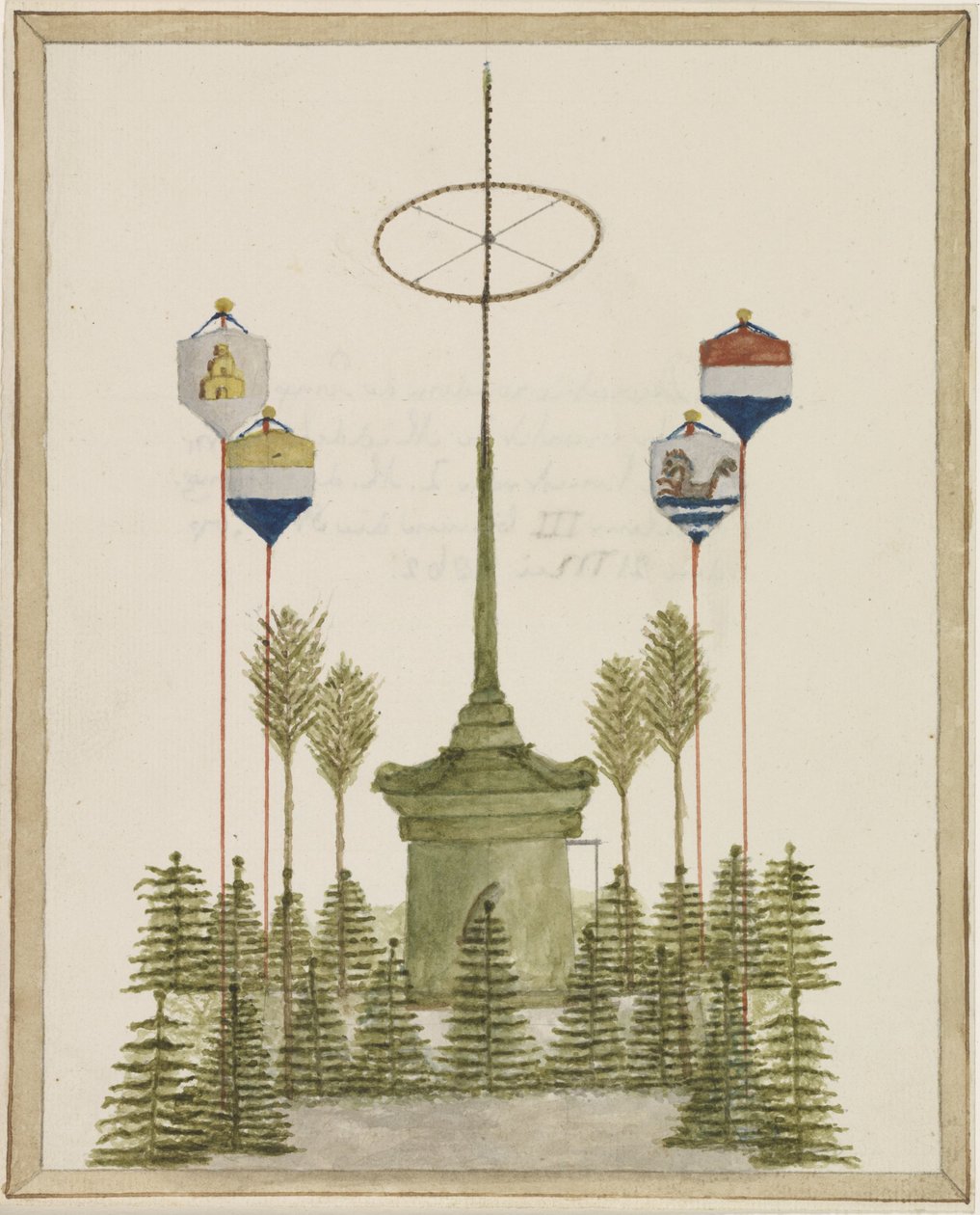 Udsmykning omkring Pompen på Grote Markt i Middelburg, ved ankomsten af ​​Hans Majestæt Kong Willem III til denne by, den 21. maj 1862 (titel på objektet) af Anonymous