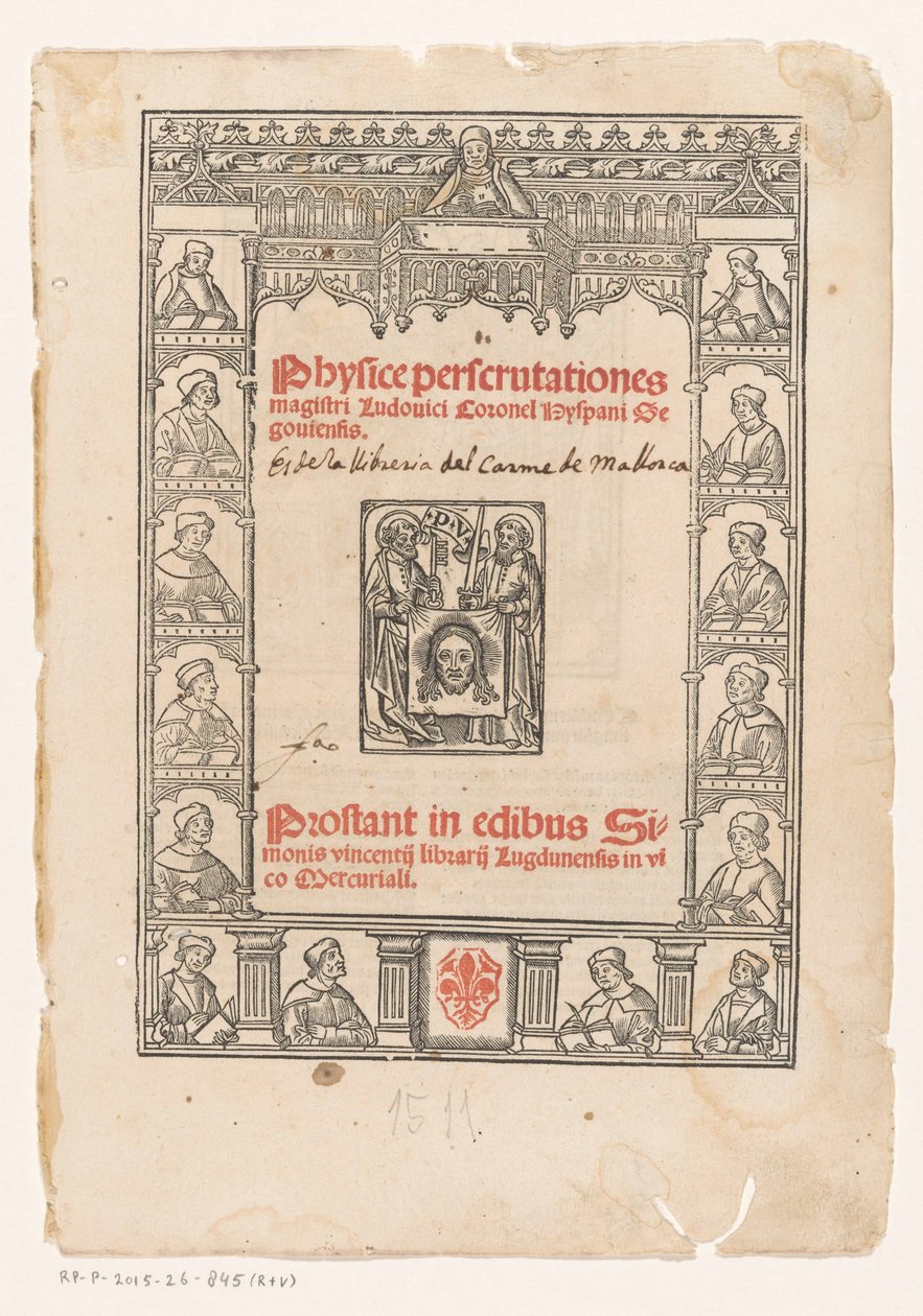 Dekorativ ramme med femten lærde Titelside for: Luis Coronel, Physice perscrutationes, 1511 af Anonymous