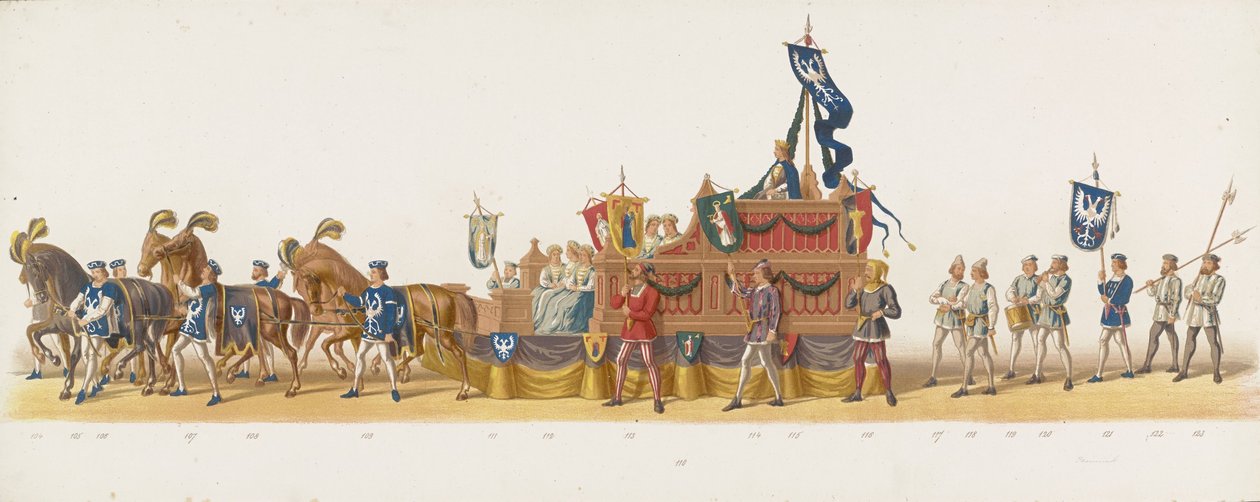 Delft procession af 1873 (ottende plade) Udklædt procession holdt af medlemmerne af Delft Student Corps den 8. juli 1873, der viser Karel van Egmond, hertug af Gelre, greve af Zutphen, indrejse i Arnhem i 1492 (serie af Anonymous