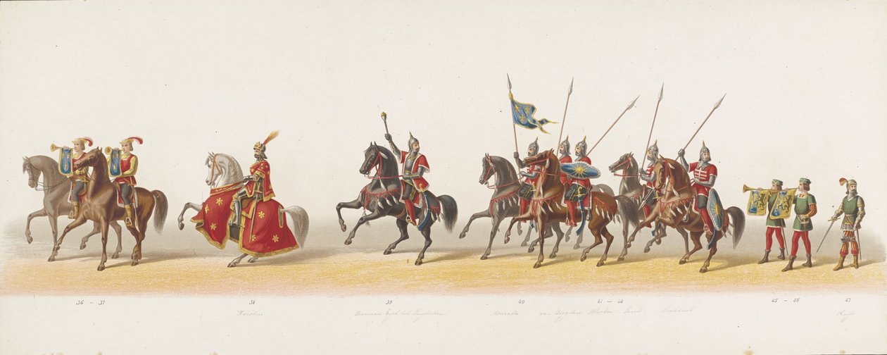 Delft procession af 1873 (tredje plade) Udklædt procession holdt af medlemmerne af Delft Student Corps den 8. juli 1873, der viser Karel van Egmond, hertug af Gelre, grev af Zutphen, indrejse i Arnhem i 1492 (serie ti) af Anonymous