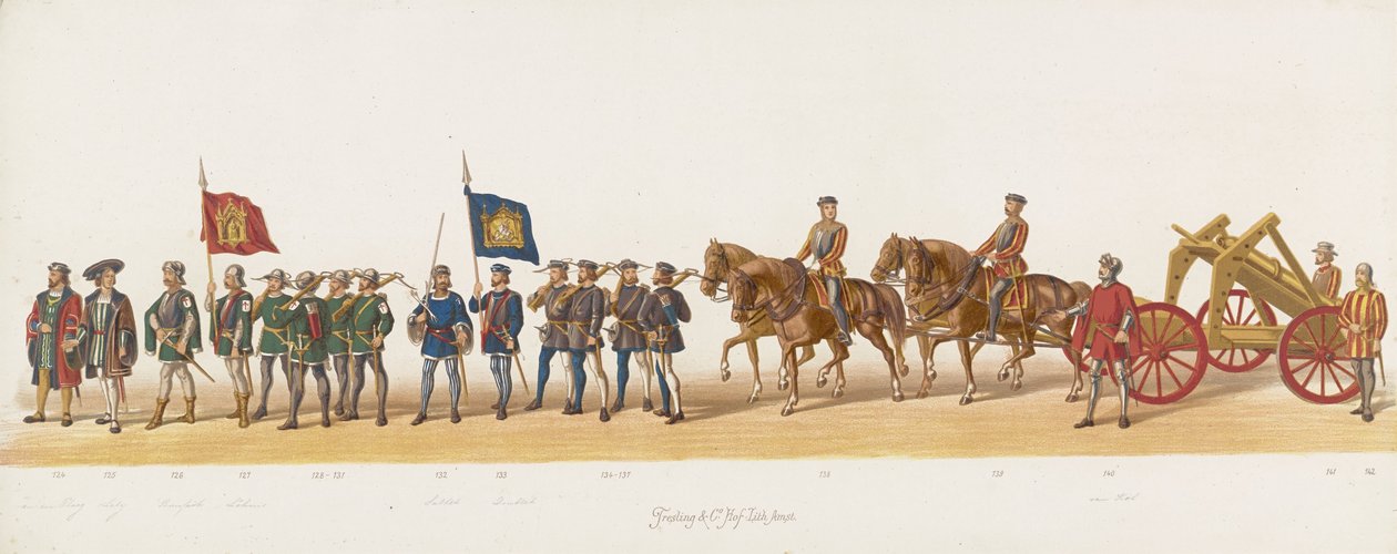 Delft procession af 1873 (niende plade) Udklædt procession holdt af medlemmerne af Delft Student Corps den 8. juli 1873, der viser Karel van Egmond, hertug af Gelre, greve af Zutphen, indrejse i Arnhem i 1492 (serie af Anonymous
