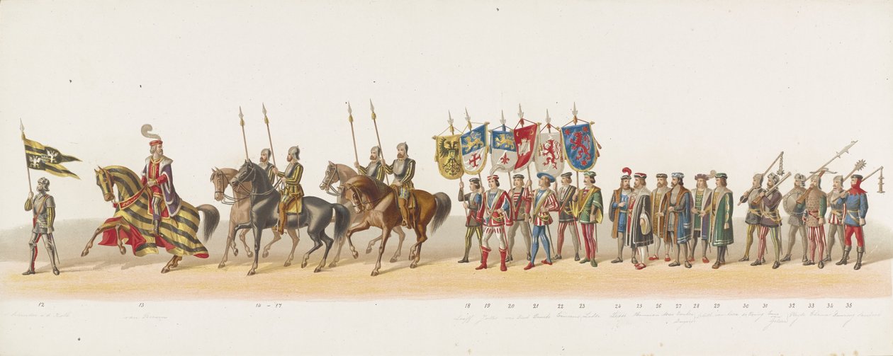 Delft procession af 1873 (anden plade) Udklædt procession afholdt af medlemmerne af Delft Student Corps den 8. juli 1873, der viser Karel van Egmond, hertug af Gelre, greve af Zutphen, indrejse i Arnhem i 1492 (serie t) af Anonymous