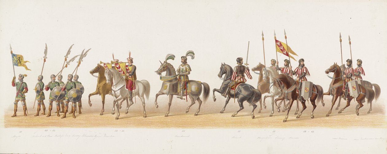 Delft procession af 1873 (fjerde plade) Udklædt procession afholdt af medlemmerne af Delft Student Corps den 8. juli 1873, der viser Karel van Egmond, hertug af Gelre, greve af Zutphen, indrejse i Arnhem i 1492 (serie t) af Anonymous