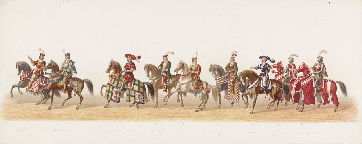 Delft procession af 1873 (syvende plade) Udklædt procession holdt af medlemmerne af Delft Student Corps den 8. juli 1873, der viser Karel van Egmond, hertug af Gelre, greve af Zutphen, indrejse i Arnhem i 1492 (serie af Anonymous