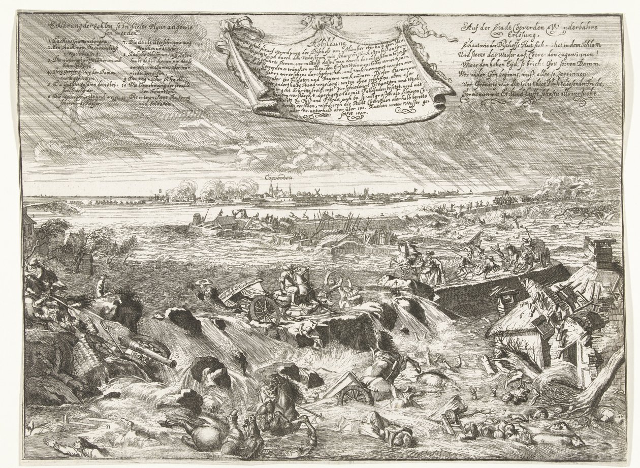 Dijkdoorbraak nær Coevorden, 1673 Find ud af, hvordan og hvilken form, efter dekret fra biskoppen af ​​Munster (...) (titel på objekt) af Anonymous
