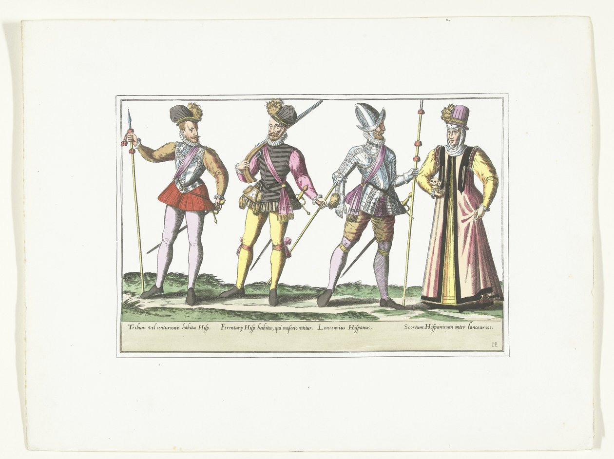 Tre spanske soldater i uniform og en marketingmand, ca. 1580 Kostumer militære Espagnols (titel på objekt) af Anonymous