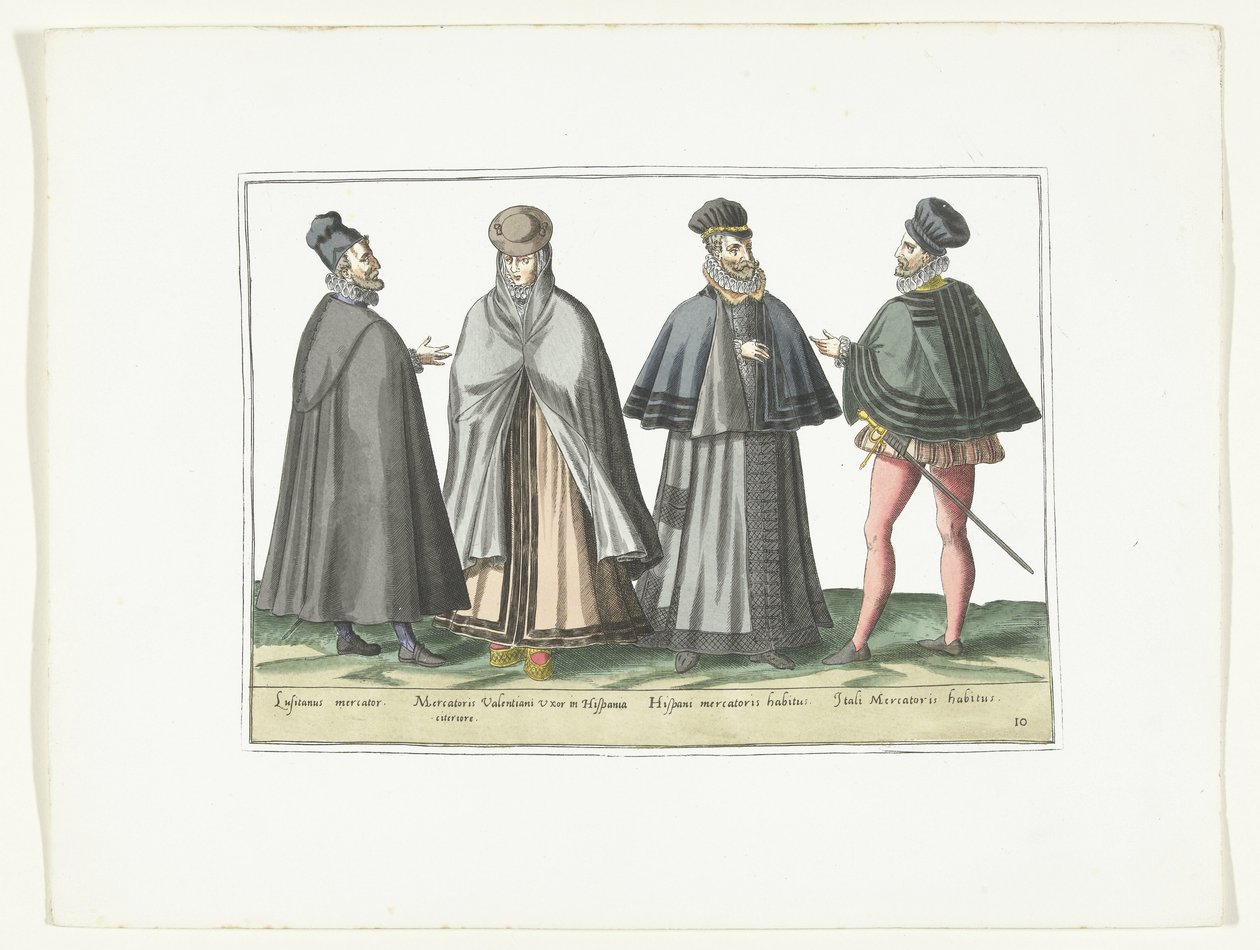 Tre mænd og en kvinde klædt i fremmed mode, ca. 1580 Modes étrangères (titel på objekt) af Anonymous