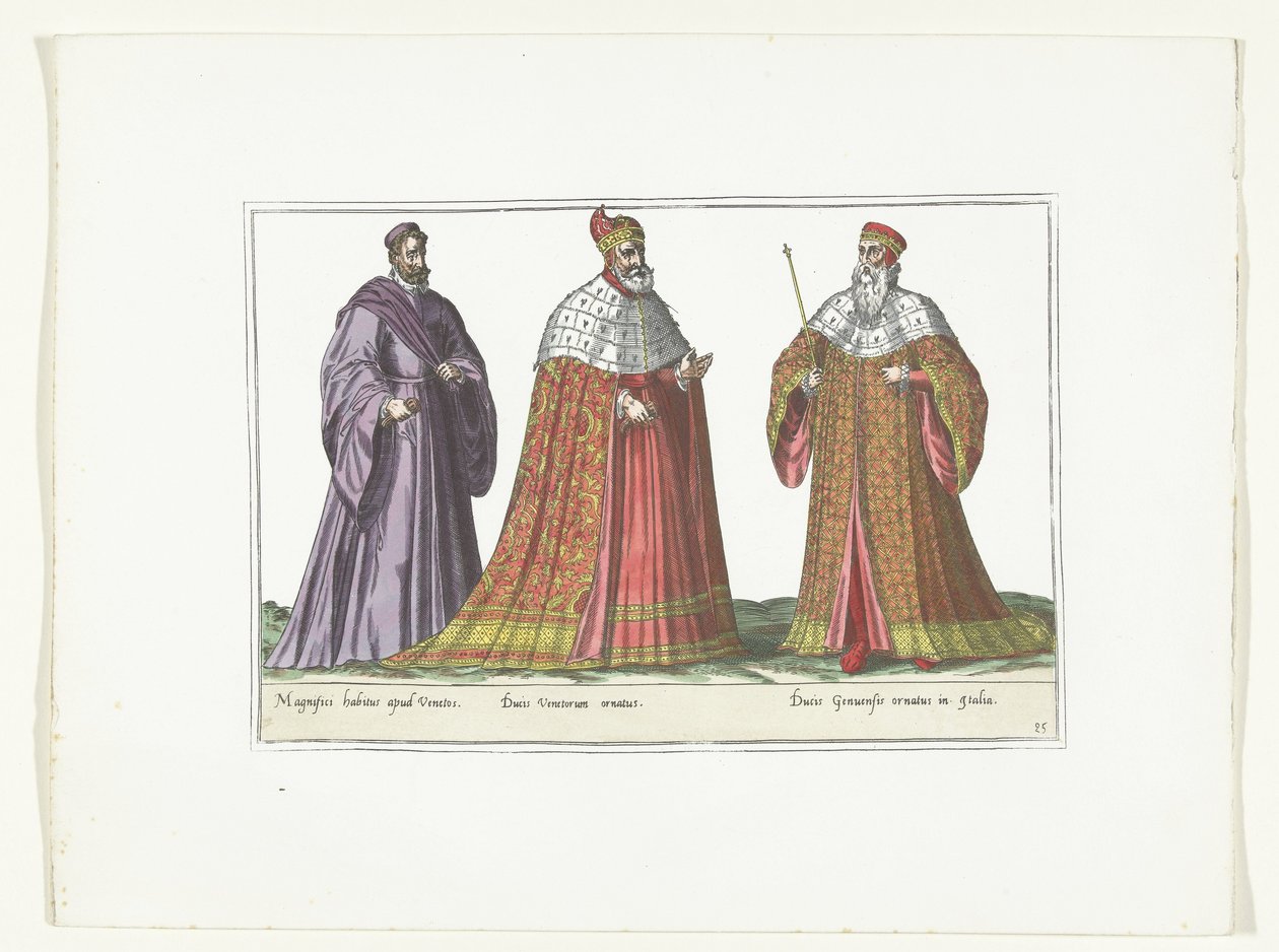 Tre mænd klædt i italiensk mode, ca. 1580 Kostumer Italiens (titel på objekt) af Anonymous