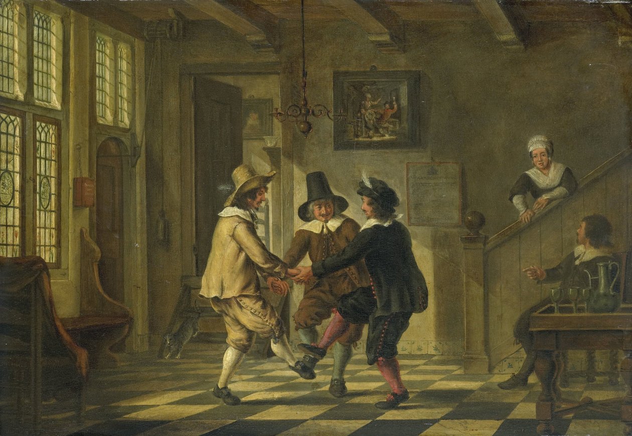 Tre mænd i kostume fra det syttende århundrede danser på en veranda af Anonymous