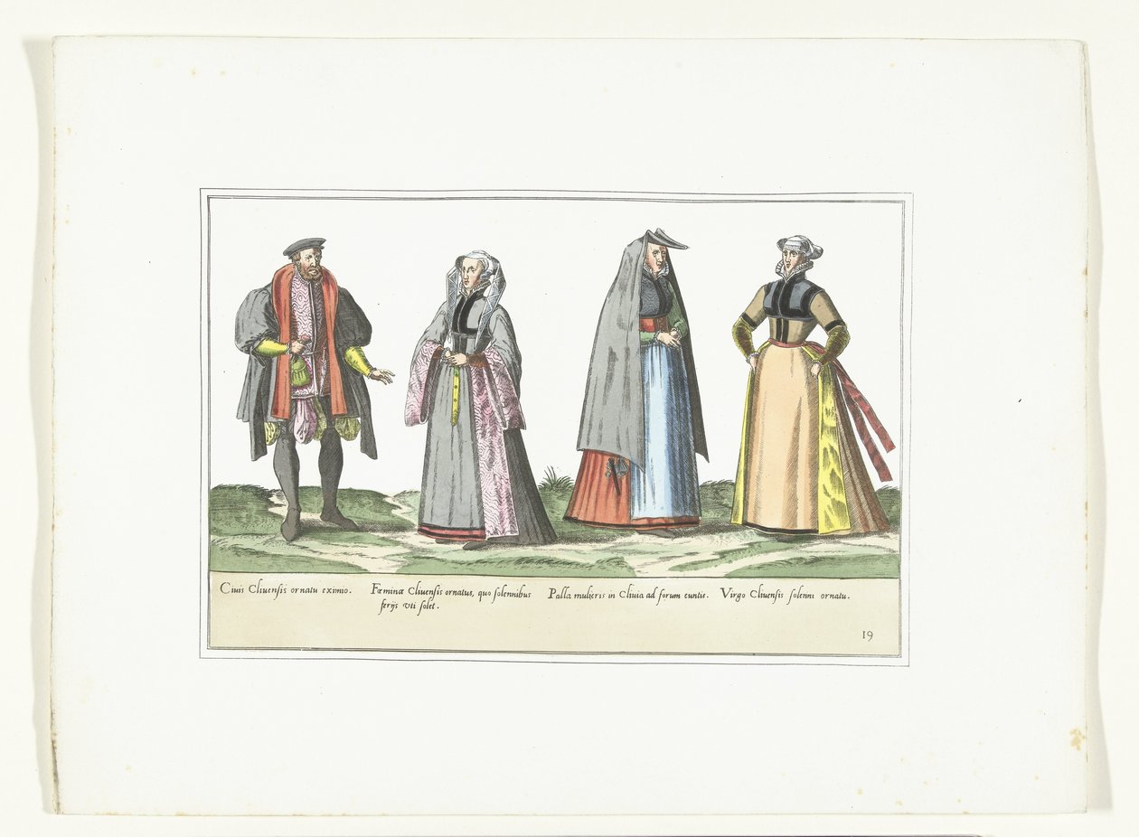 Tre kvinder og en mand klædt i tysk mode, ca. 1580 Kostumer Allemands (titel på objekt) af Anonymous