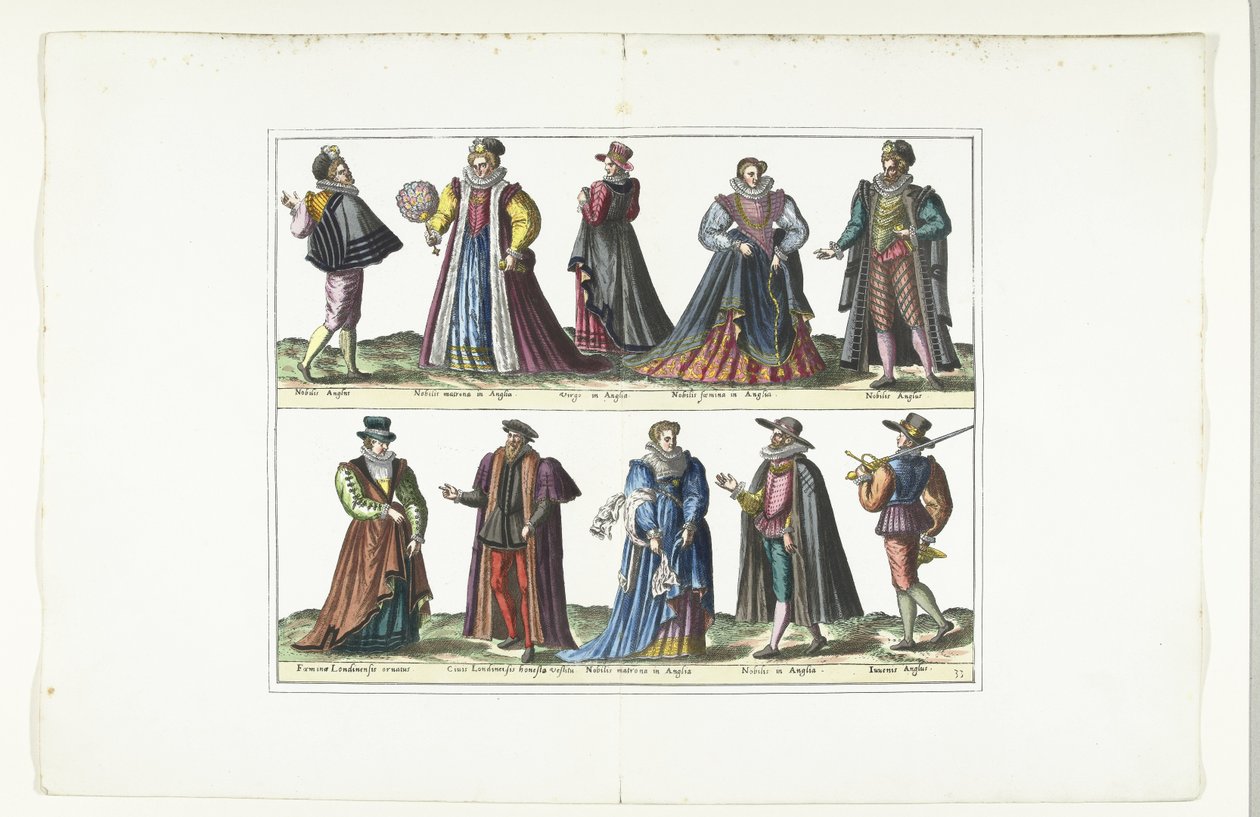 Dobbelt tallerken med fem mænd og fem kvinder klædt på engelsk mode, ca. 1580 Anglais kostumer (titel på objekt) af Anonymous