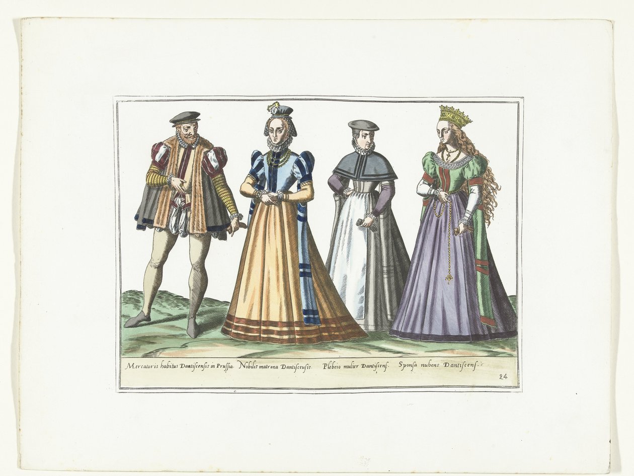 En mand og tre kvinder klædt i tysk mode i Danzig, ca. 1580 Kostumer Allemands (titel på objekt) af Anonymous