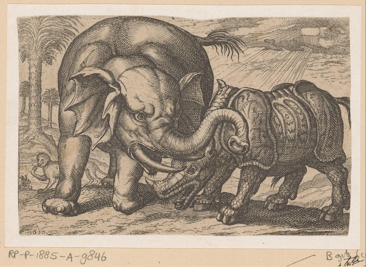 Et næsehorn kæmper mod en elefant Fighting Animals (kopier) (serietitel) af Anonymous