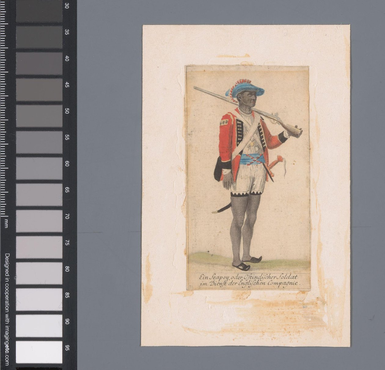 En sort soldat i tjeneste for British East India Company Ein Seapoy, oder Ostindischer Soldat im Dienst der Englischen Compagnie (titel på objekt) af Anonymous