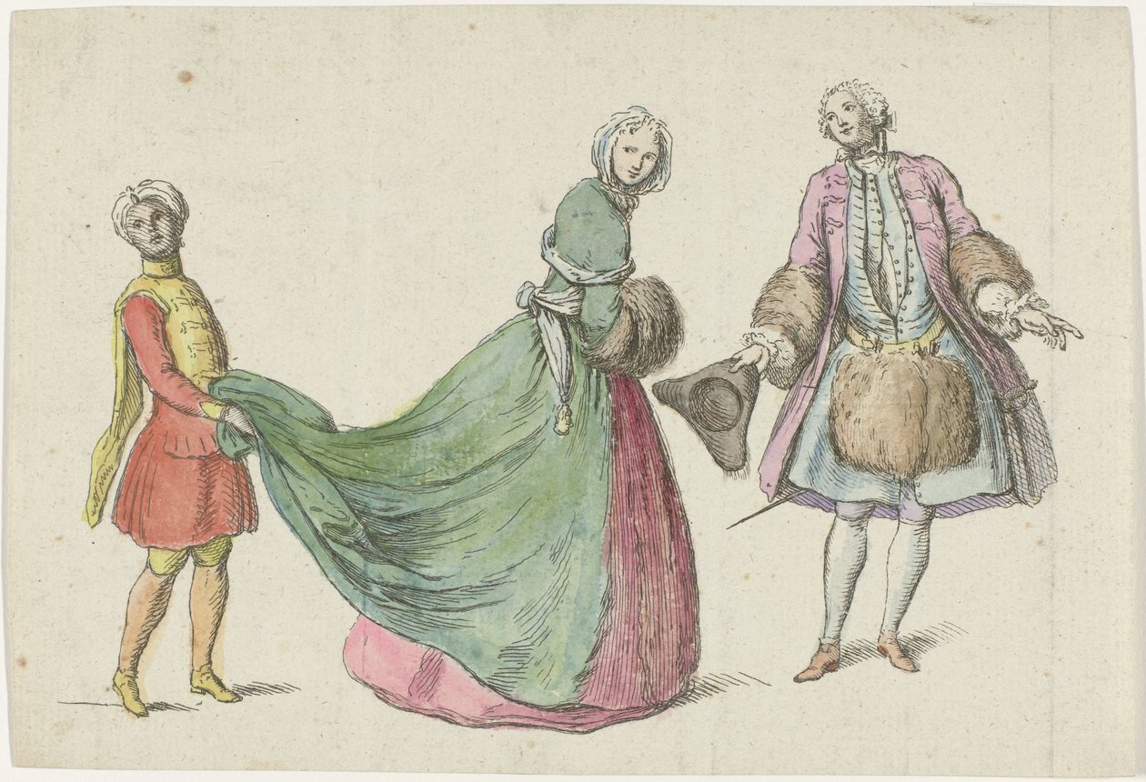 Elegant mand og kvinde med sort side Modes de Février marts 1729 Mercure de France (serietitel) af Anonymous