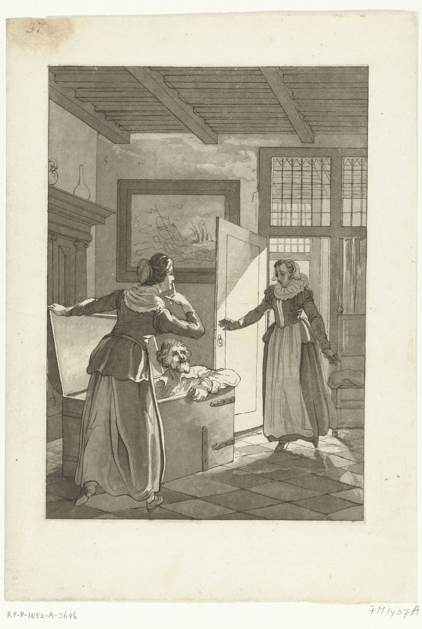 Elsje van Houweningen fanger Hugo de Groot i reolen, 1621 af Anonymous