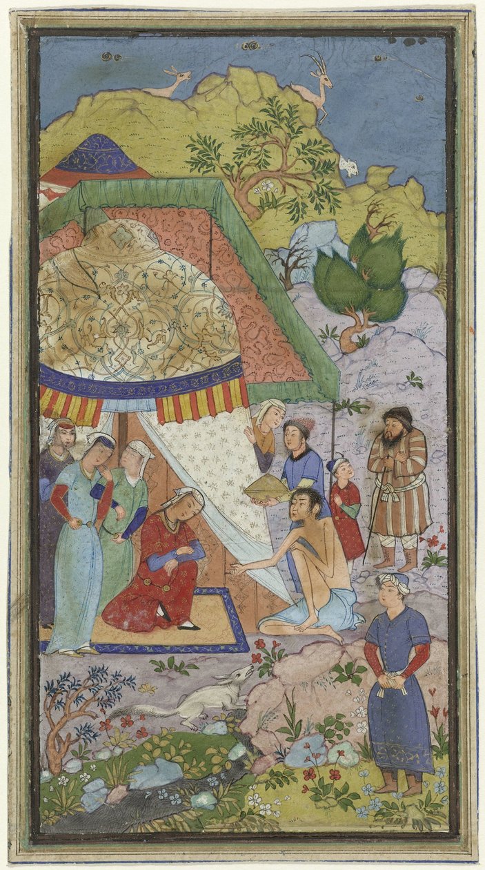 Afsnit fra kærlighedshistorien om Laila og Majnun, Majnun taler med Laila foran et telt af Anonymous