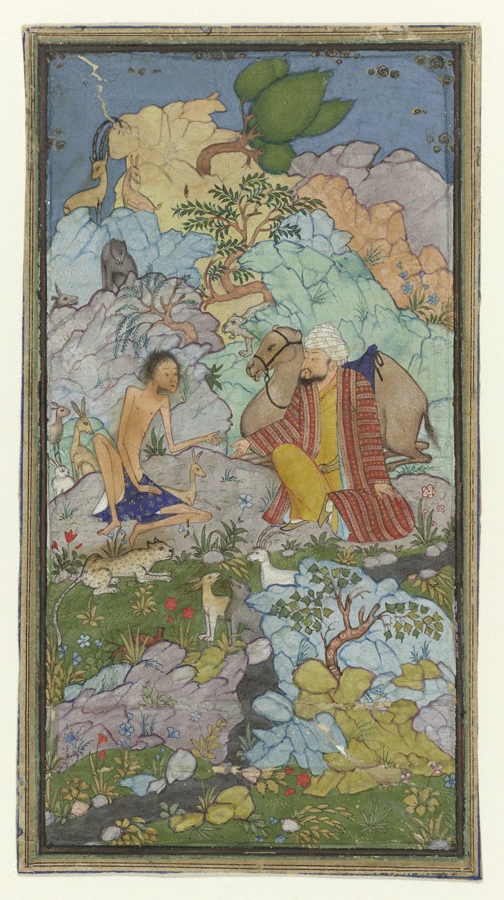 Episode fra kærlighedshistorien om Laila og Majnun, den udmagrede Majnun sidder i et landskab med en mand og hans kamel af Anonymous