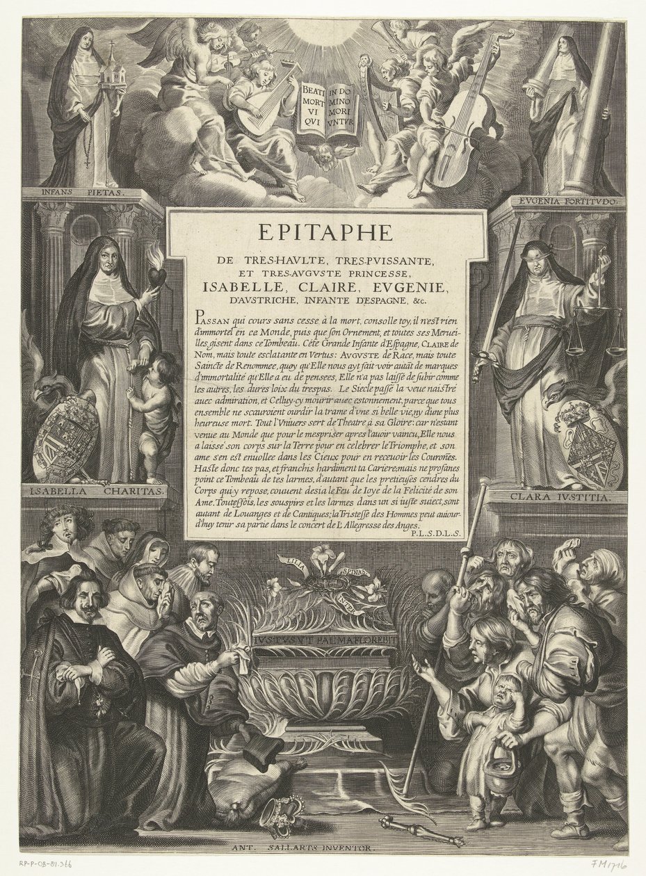 Epitaaf for Isabella Clara Eugenia, 1633 Epitafium af den højeste, mest magtfulde og mest august-prinsesse, Isabella, Claire, Eugenie, af Østrig, Infanta af Spanien, osv. (titel på objekt) af Anonymous