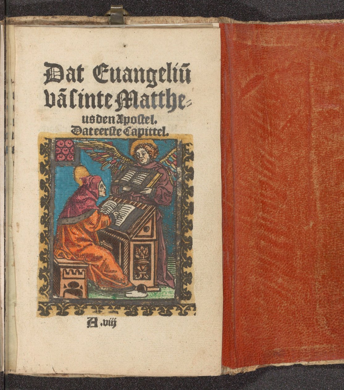 Evangelist Matthæus skriver sit evangelium Det Evangelium af Sankt Matthæus Apostlen. Det første kapitel (titel på objekt) Stupid Passion (serietitel) af Anonymous