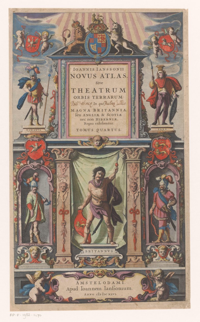 Facade med personificeringer af fem befolkningsgrupper Titelblad for: Johannes Janssonius, Novus atlas, Sive theatrum (...) Tomus quartus, 1646 af Anonymous