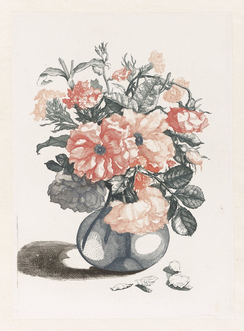 Fem aftryk af blomster i glasvaser Glasvase med blomster, ved siden af ​​kronblade af Anonymous