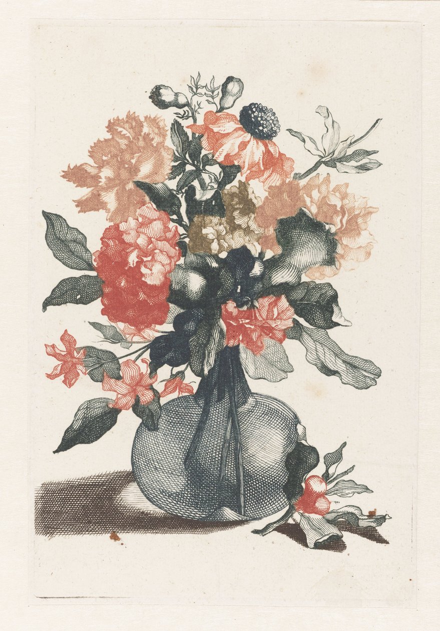 Fem aftryk af blomster i glasvaser Glasvase med blomster og en gren med blomst foran vasen af Anonymous