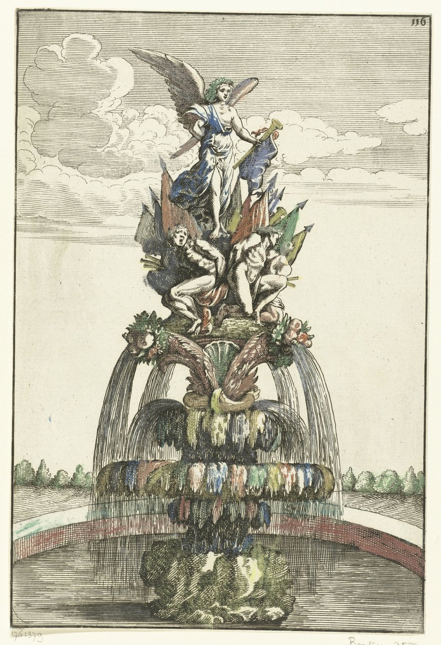 Springvand med statue af Victoria Architectura Curiosa Nova (serietitel) af Anonymous