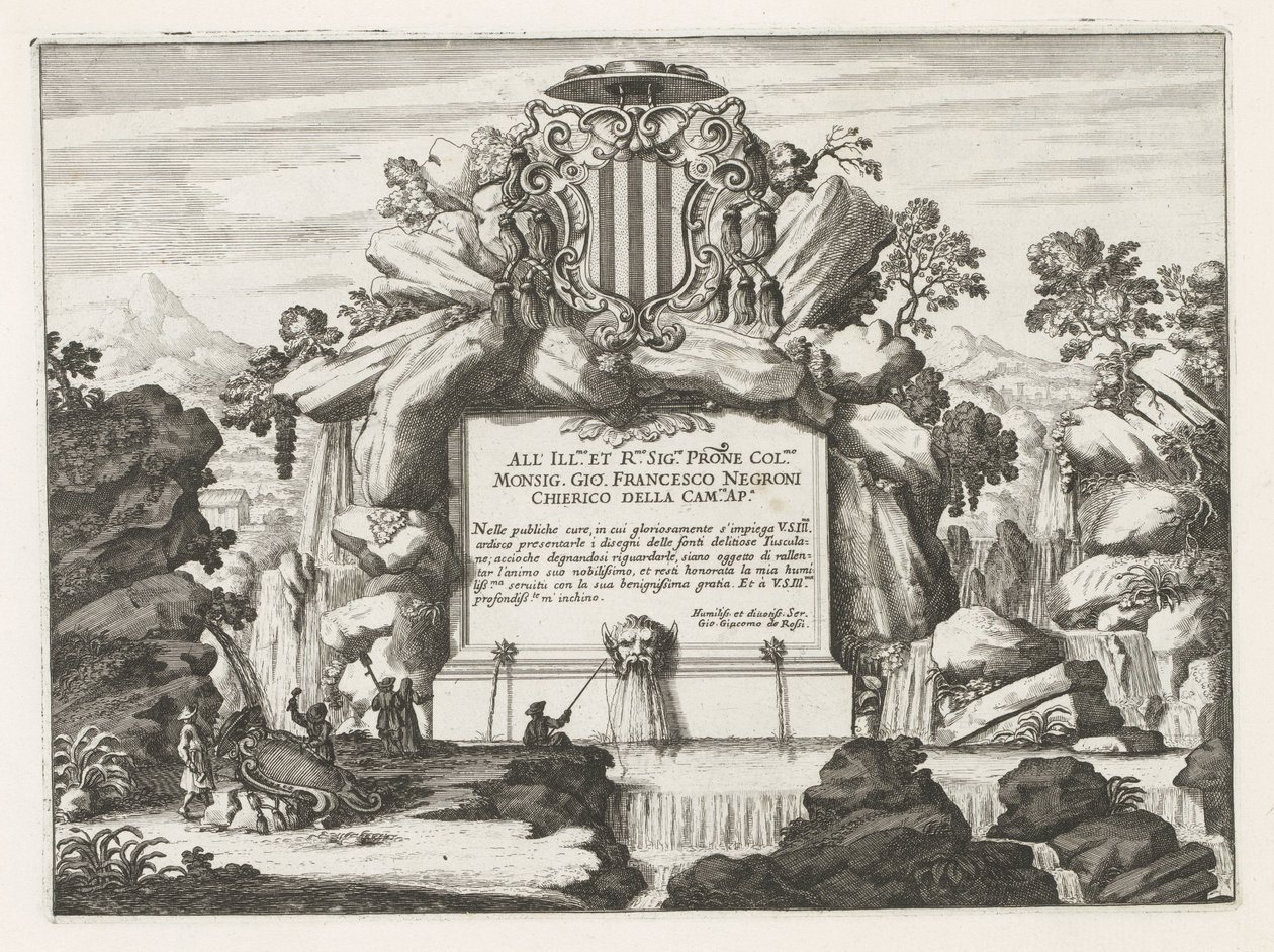 Springvand med dedikation til og våbenskjold af Giovanni Francesco Negroni Fontane delle ville di Frascati (serietitel) Fountains of Frascati (serietitel) af Anonymous