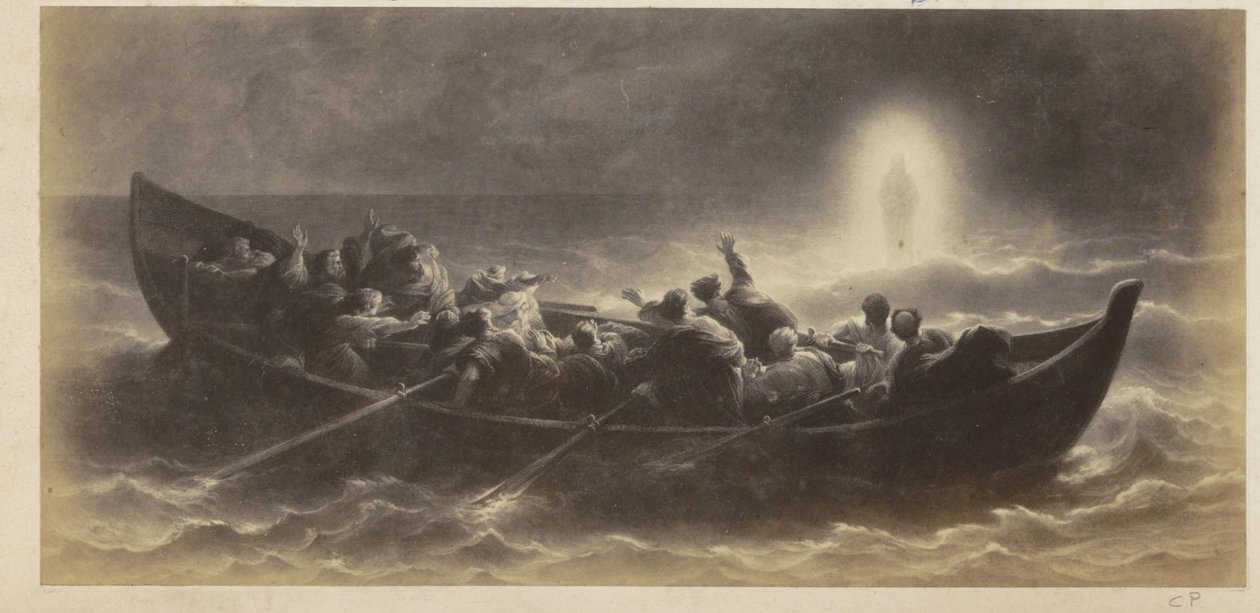 Fotogengivelse af (formodentlig) et print af apostle, der ser Kristus gå på vandet af Anonymous